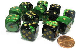 Dice Set - Gemini 16mm - Black-Green D6 (12 stuks)