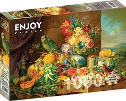 Josef Schuster - Stillleben mit Obstblumen und Papagei Puzzel (1000 stukjes)