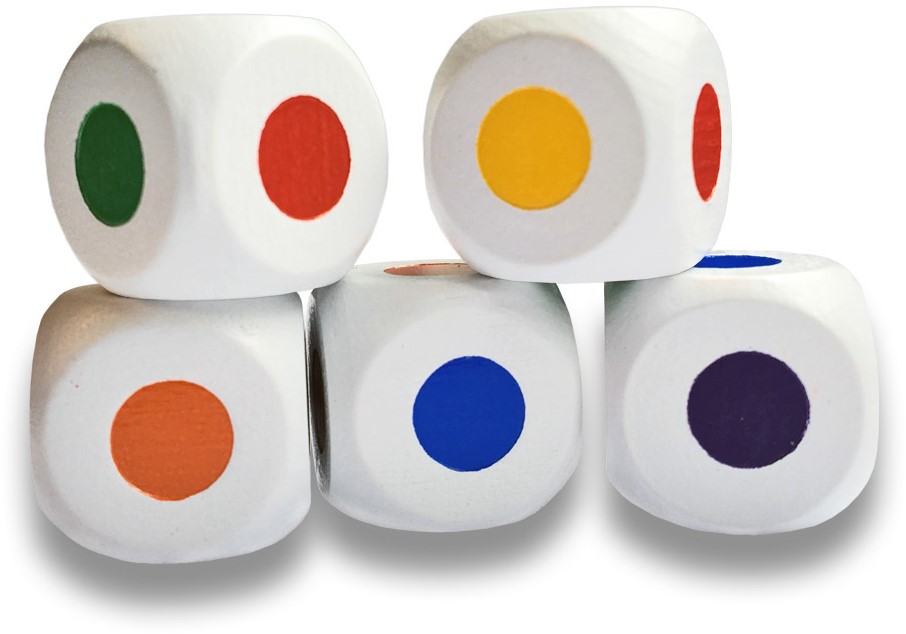 Houten Kleurendobbelstenen Stip - 16mm (5 stuks) - kopen bij Spellenrijk.nl